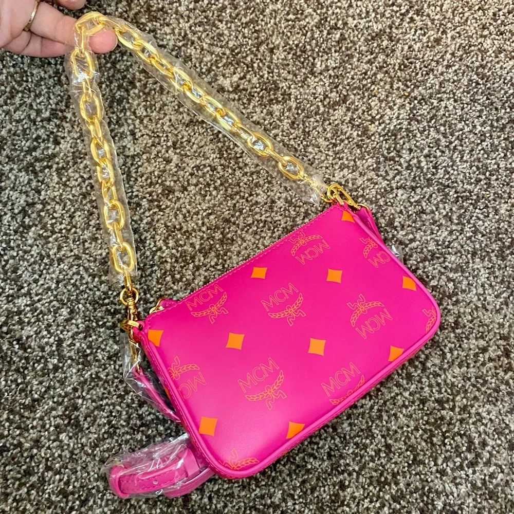 NWT MCM Fuchsia Pink Mini Color Splash Logo Leather Shoulder Bag - Picture 6 of 13